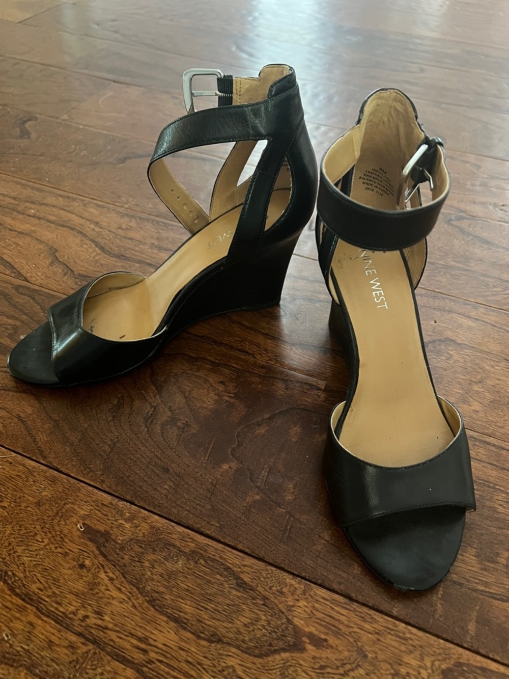 Nine West Black Leather Crisscross Wedge Sandals
